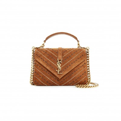 YSL MATELASSE CHEVRON STUDDED MEDIUM COLLEGE BAG IN SUEDE 392737400526 (24*17*6cm)