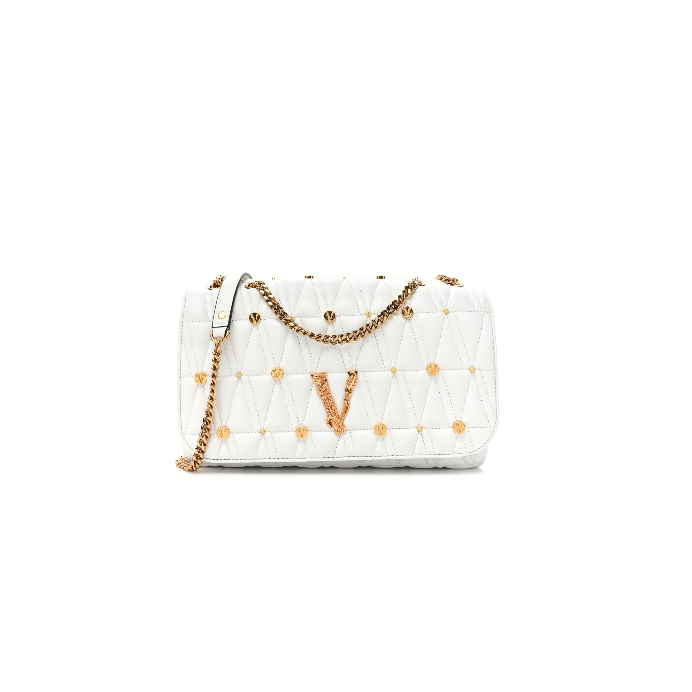 VERSACE NAPPA QUILTED STUDDED VIRTUS SHOULDER BAG WHITE (25*15*8cm) VERSACE NAPPA QUILTED STUDDED VIRTUS SHOULDER BAG WHITE (25*15*8cm)