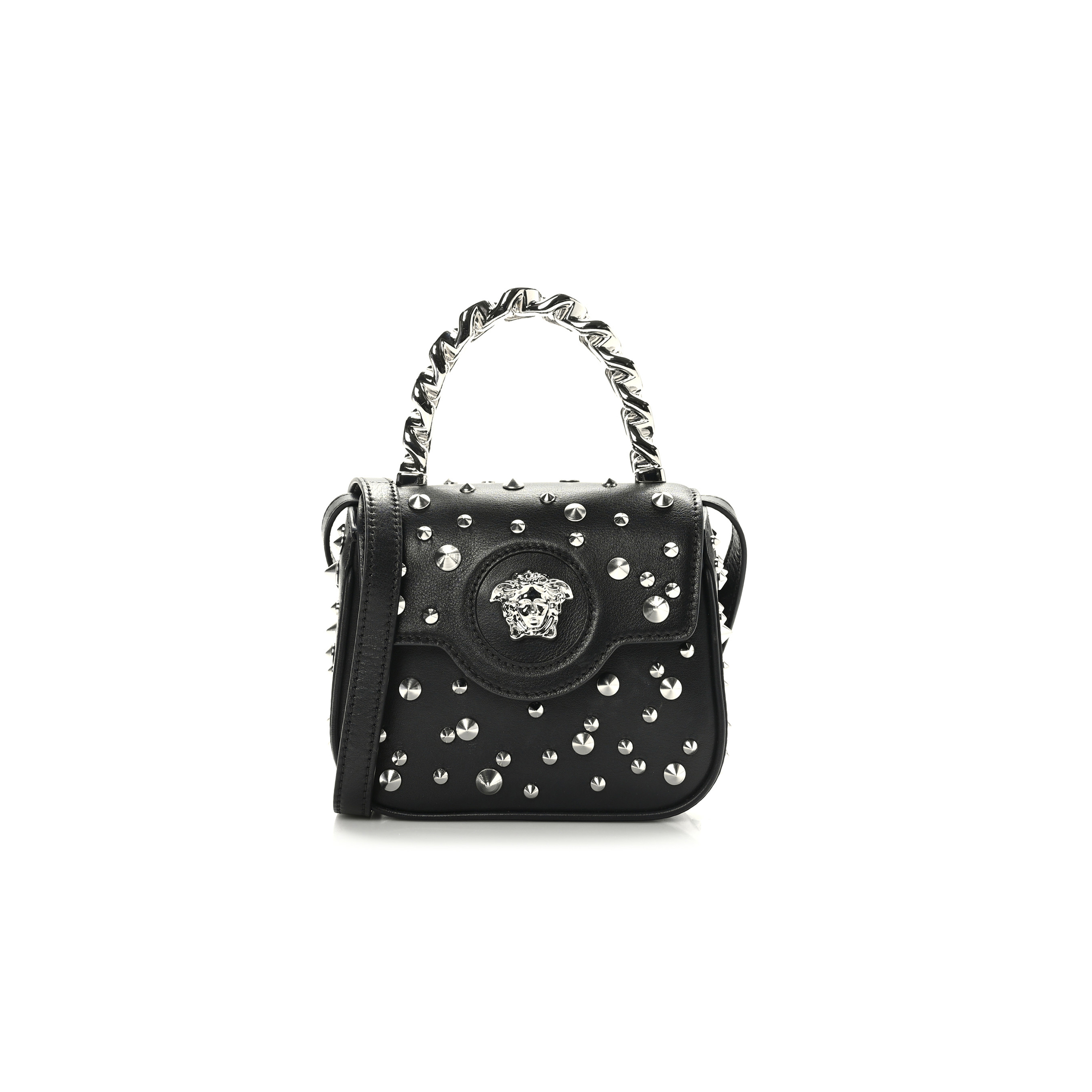 VERSACE GRAINED CALFSKIN SPIKED MICRO LA MEDUSA BAG BLACK (17*14*6cm) VERSACE GRAINED CALFSKIN SPIKED MICRO LA MEDUSA BAG BLACK (17*14*6cm)