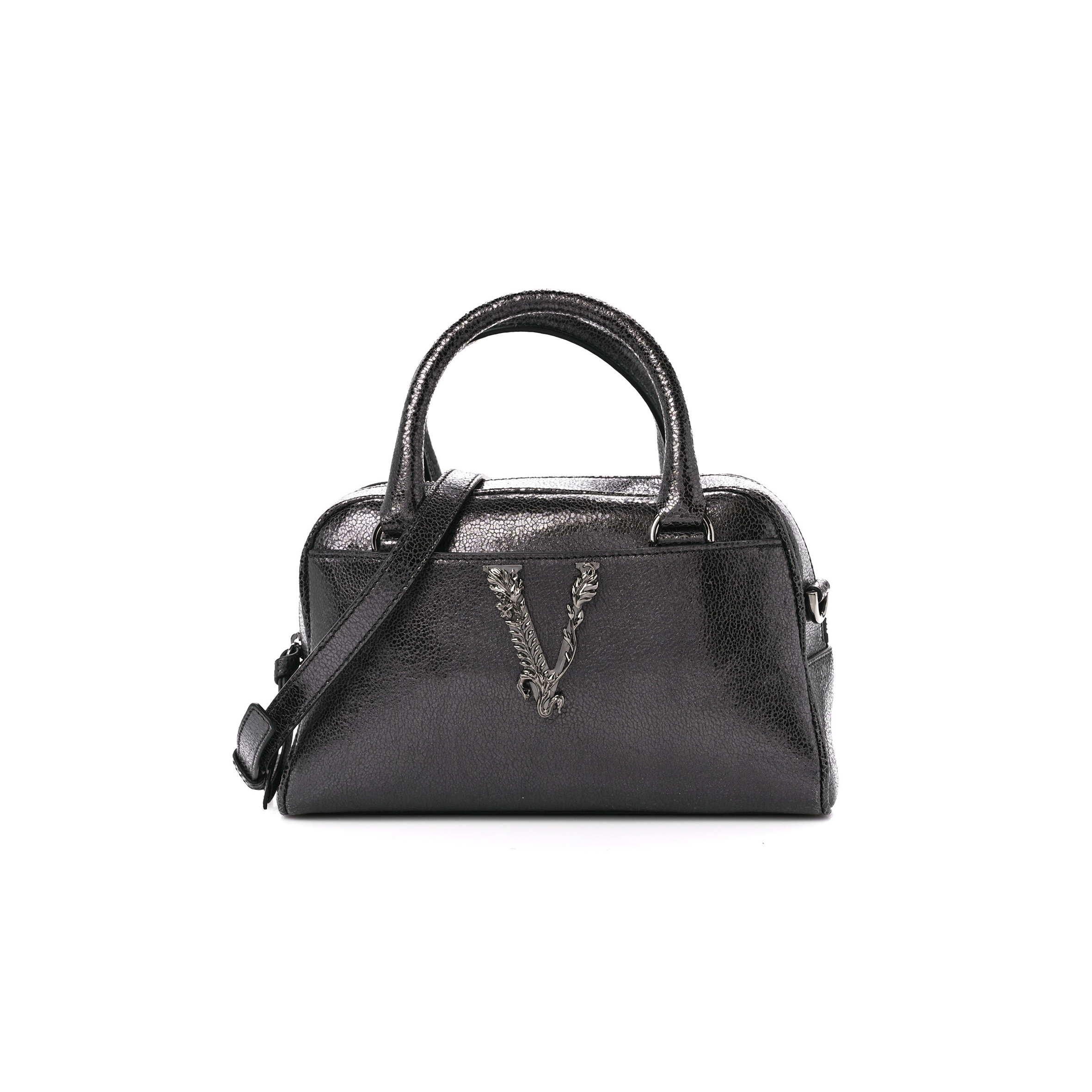 VERSACE METALLIC CALFKSIN VIRTUS SMALL BOWLING BAG GREY (27*18*15cm) VERSACE METALLIC CALFKSIN VIRTUS SMALL BOWLING BAG GREY (27*18*15cm)