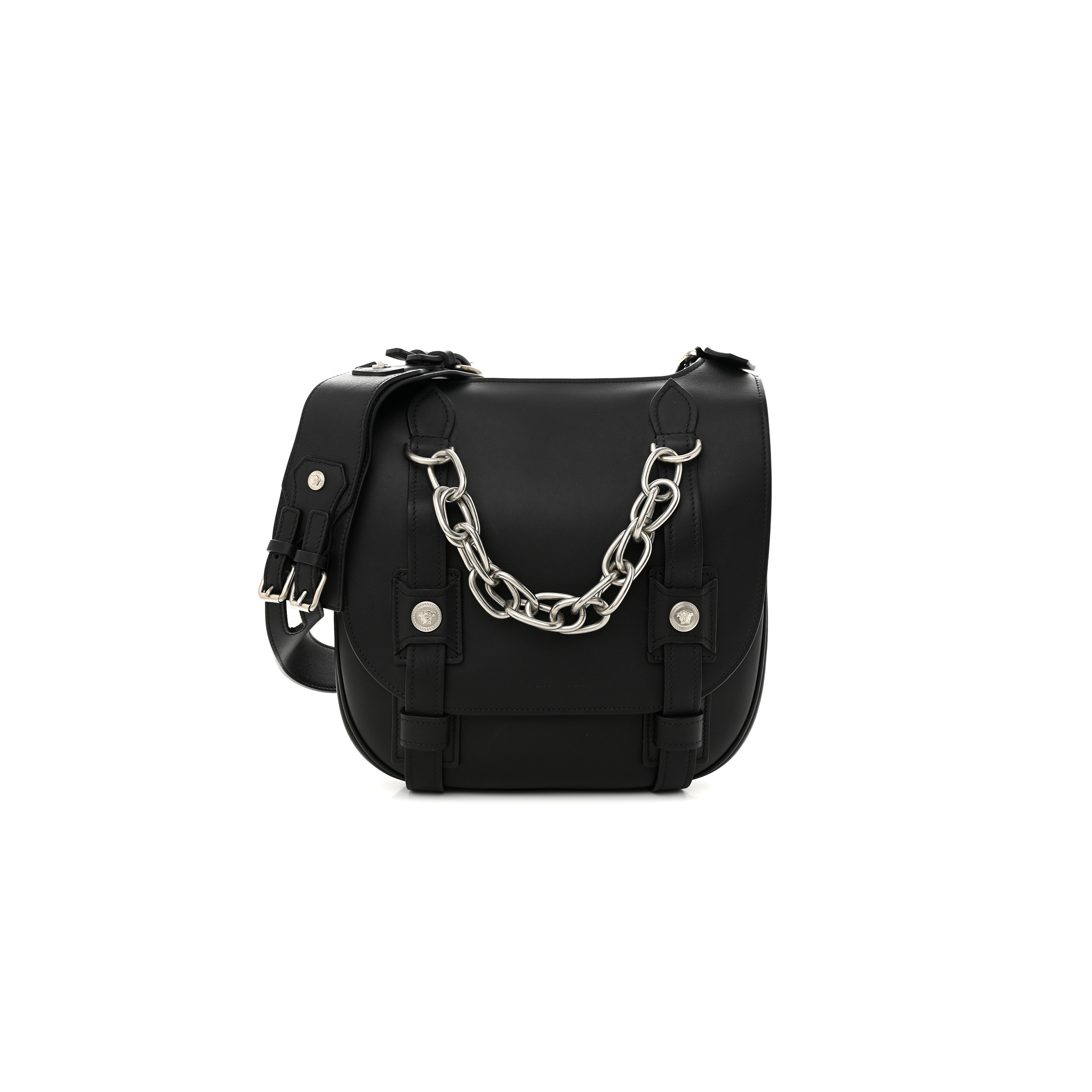VERSACE CALFSKIN SMALL BIKER CHAIN SATCHEL BLACK (29*29*10cm) VERSACE CALFSKIN SMALL BIKER CHAIN SATCHEL BLACK (29*29*10cm)