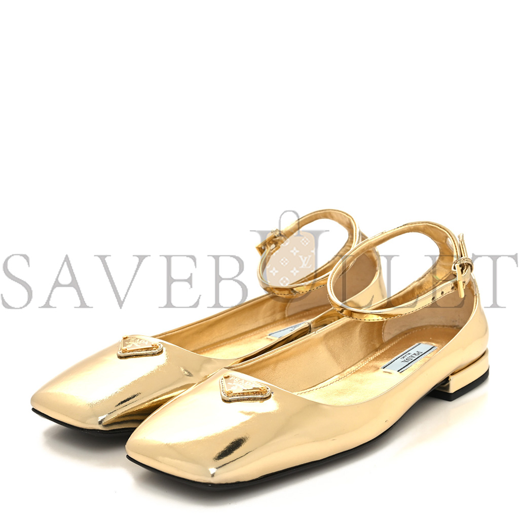 PRADA METALLIC CALFSKIN METAL TRIANGLE LOGO ANKLE STRAP BALLERINAS 36.5 PLATINO PRADA METALLIC CALFSKIN METAL TRIANGLE LOGO ANKLE STRAP BALLERINAS 36.5 PLATINO