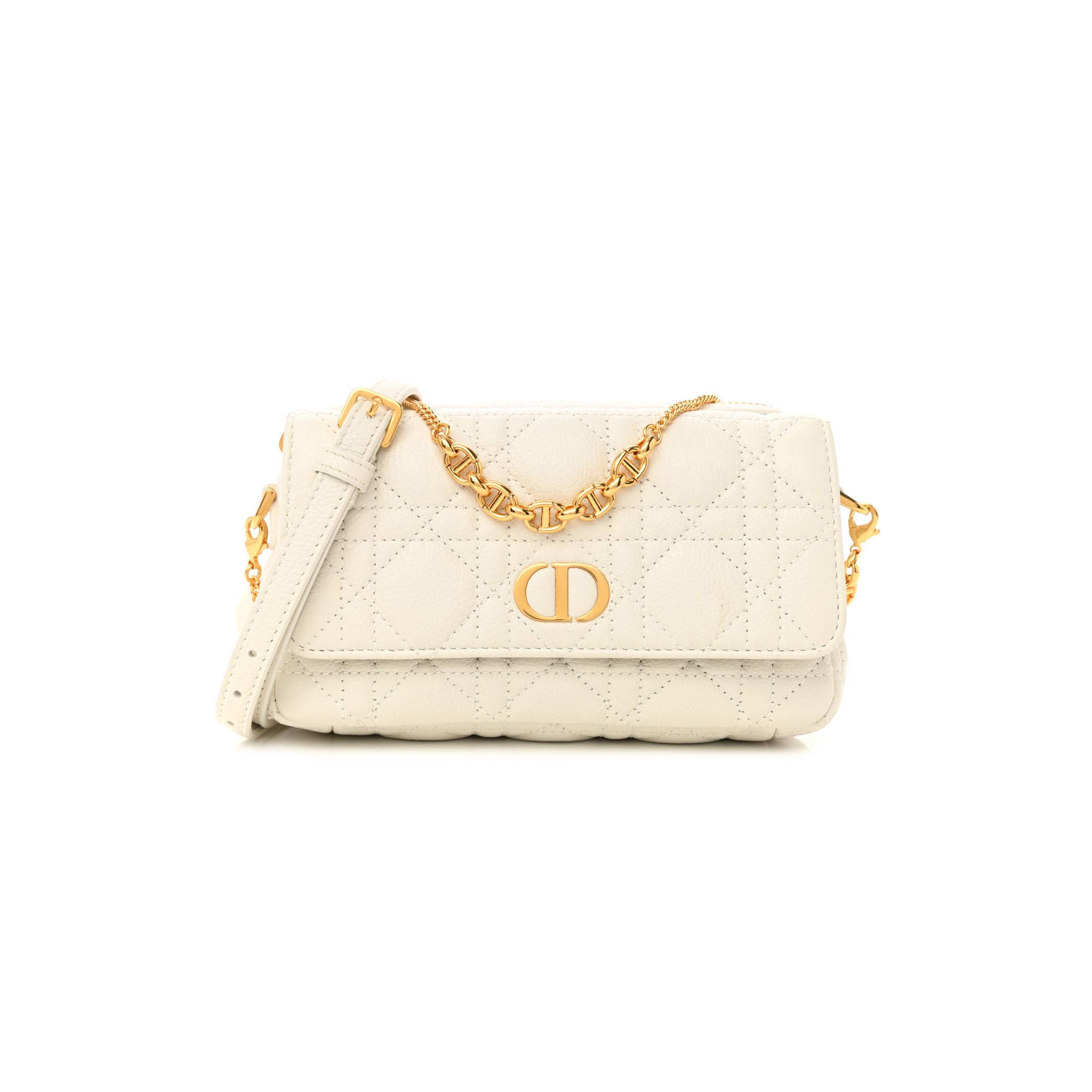 DIOR SUPPLE CALFSKIN CANNAGE CARO POUCH WITH CHAIN LATTE (18*10*6.4cm)