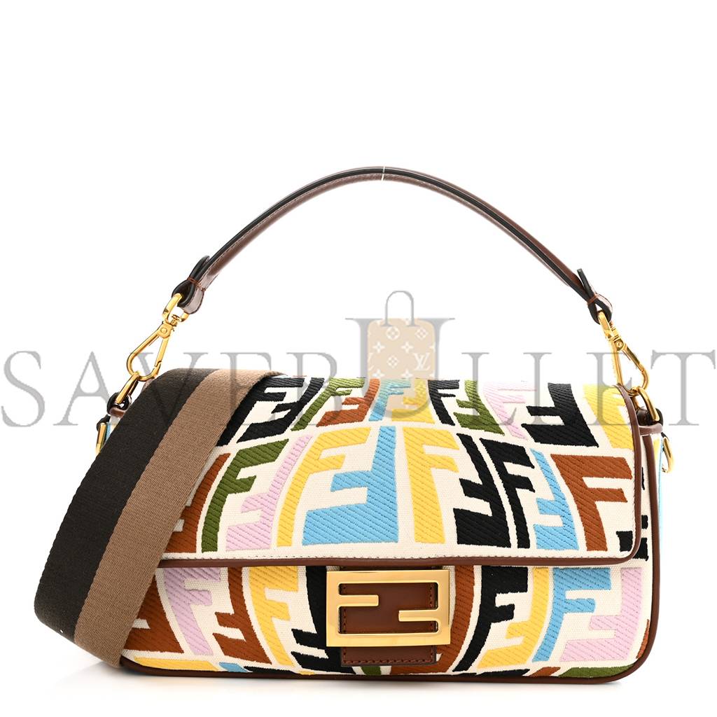 FENDI X SARA COLEMAN CANVAS VITELLO KING SETA FF FISH EYE EMBROIDERED BAGUETTE GREZZO MULTICOLOR GHIANDA (28*16*6cm)